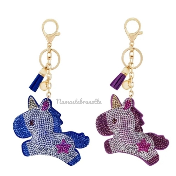 Unicorn Crystal Rhinestone Keychain Bag Charm With Blue Tassel - Picture 9 of 15